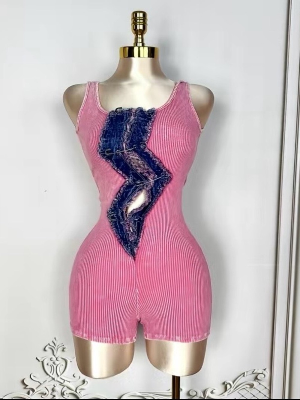 Pink Ribbed Tank Romper with Distressed Denim Accent